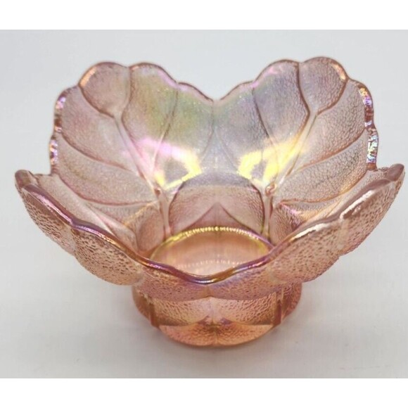 SMITH Pink Iridescent Carnival Glass Textured Cabbage Leaf Candle Holder Vtg - Picture 3 of 8